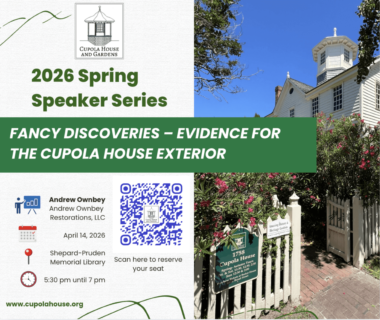 Cupola House event poster with QR code.
