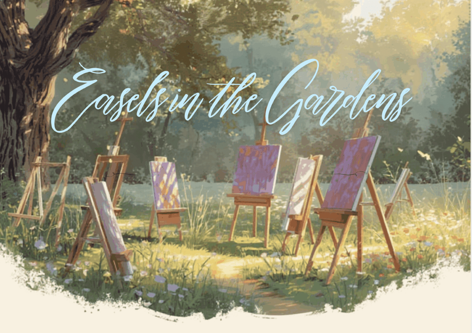 Easels set up in a garden scene.