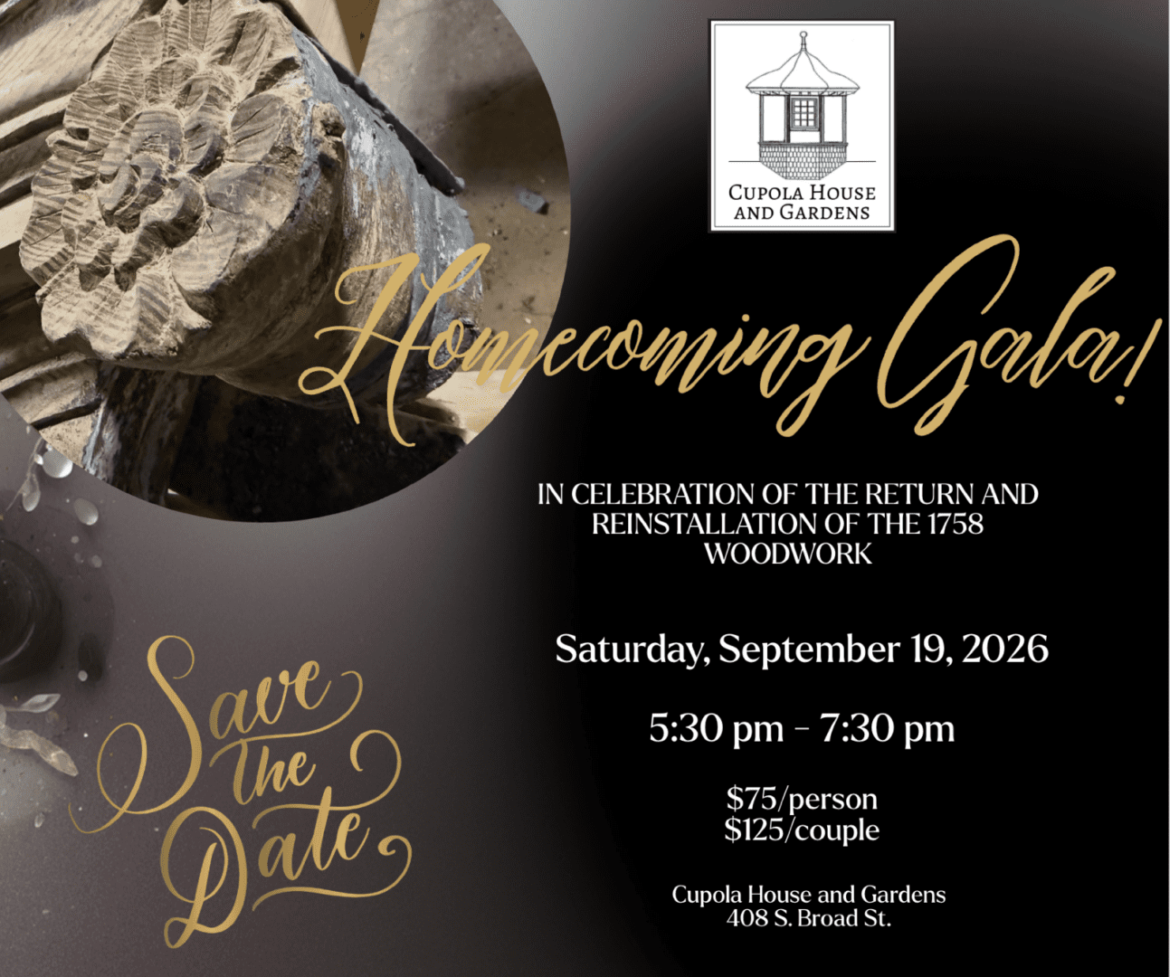 Homecoming Gala invitation with woodwork design.